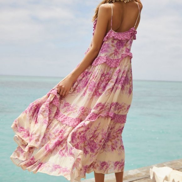 Spell Pink/White Coco Lei Lilac Floral Metallic Strappy Boho Midi Dress/Gown XXL - Picture 3 of 12